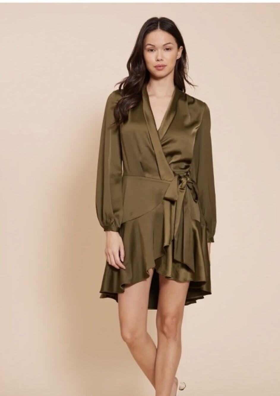 NWT Lucy Paris Adonia Wrap Dress Olive Green Satin Mini sz M long sleeve draped